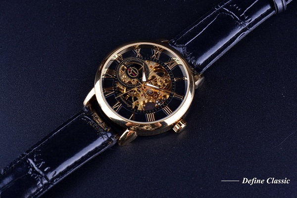 Royal Man Series Golden Mechanical Watch With Leather Band
